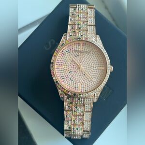 Steve Madden Rose Gold Crystal Pavé Watch with Multicolor Accent Stones
